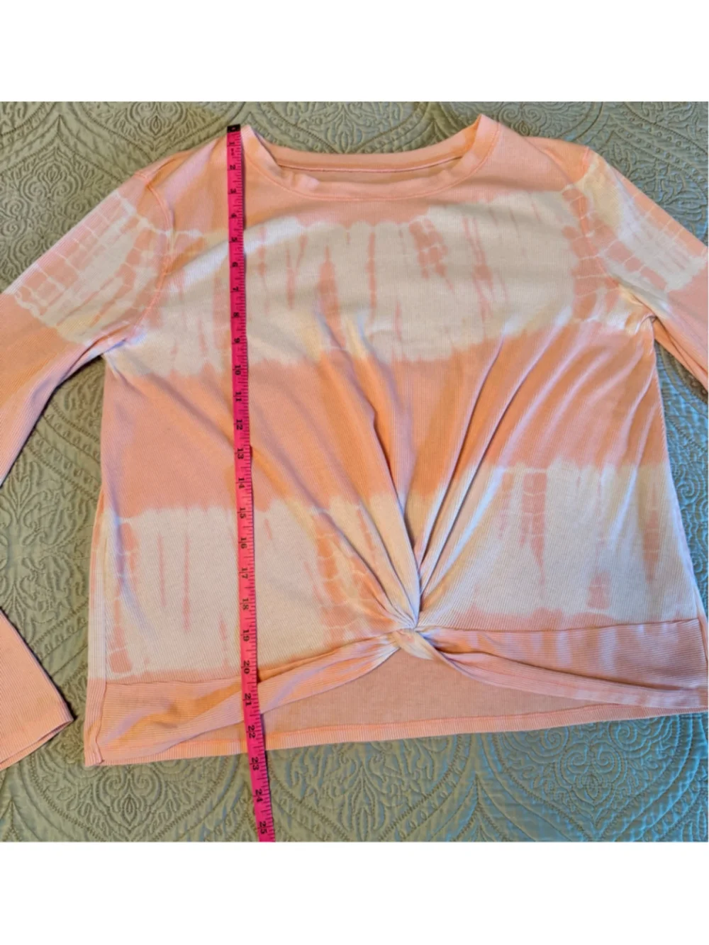 Justice 14-16 Long Sleeve Tie-Front Ribbed Tee, Peach-Pink and White
